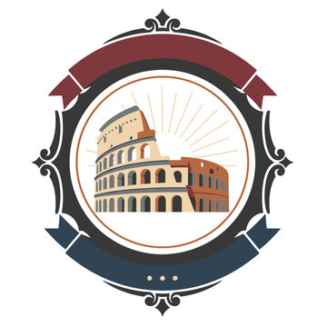 Colosseum badge logo template with Roman Colosseum landmark and rising sun in an ornate frame with ribbons for Italy travel tourism historical site and heritage branding