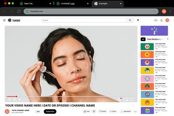 Desktop frame in video website page of a woman apply on skincare