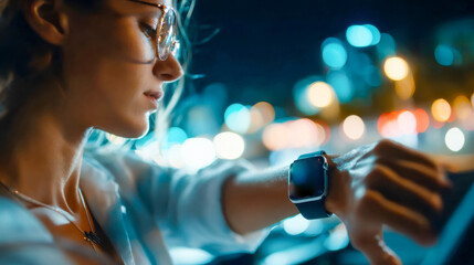 Thoughtful young woman checking smartwatch data at night, illuminated by city lights and bokeh