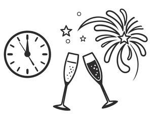New Year's Eve Celebration Icon with Clock, Champagne Glasses, and Fireworks party
