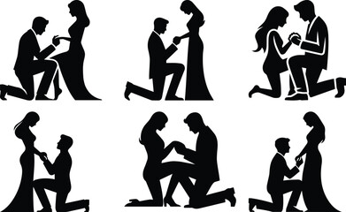 Valentine day proposal kneeling moment bundle silhouette icon vector art illustration