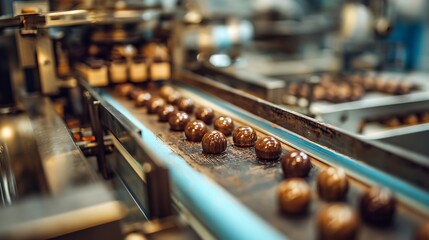 Production line showcasing shiny, round confectionary treats moving along conveyor belt in facility