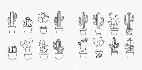Set of various potted cactus and succulent plants in outline style, perfect for home decor and garden illustrations. © Akun