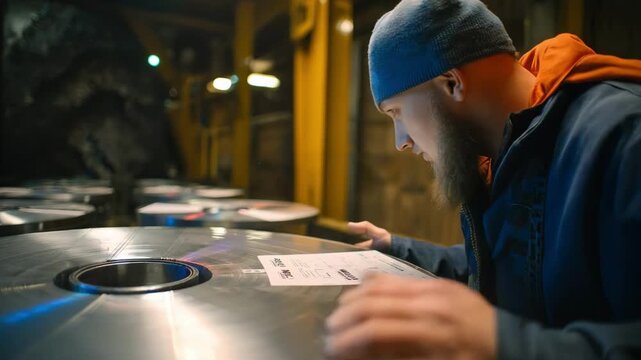 Medium shot of an operator comparing disc surface reflections during a visual inspection to certify product standards