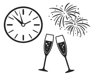 New Year's Eve Celebration Icon with Clock, Champagne Glasses, and Fireworks party