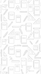 Fototapeta premium Seamless pattern of school and office supplies in line art style, featuring notebooks, pencils, rulers, and erasers on a white background.