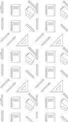 Fototapeta premium Seamless pattern featuring various school supplies such as notebooks, pencils, and rulers, rendered in a clean outline style on a white background.