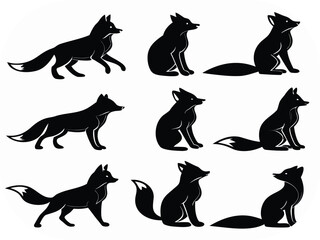 Nine Black Fox Silhouettes In Various Poses On White Background animal wildlife