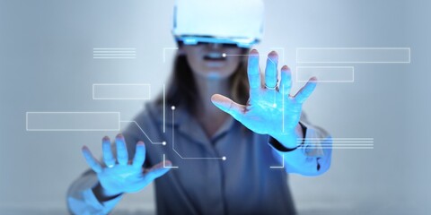 Woman experiencing metaverse, wearing virtual reality headset