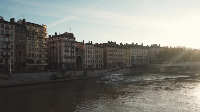 The famous red footbridge leading to the other side of the river Saone. Lyon france - 8 oct 2025