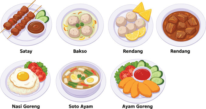 Large collection of traditional Indonesian food dishes including satay beef rendang nasi goreng soto ayam and bakso isolated on white background vector illustration