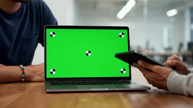 Two colleagues reviewing data on a laptop green screen mockup