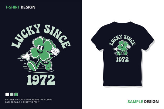 Lucky Cartoon Four Leaf Clover Character Running With Lucky Since 1972 Text