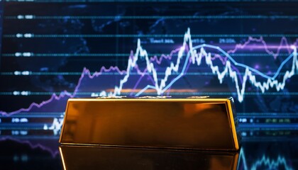 Golden bar investment opportunity with dynamic stock market graph background