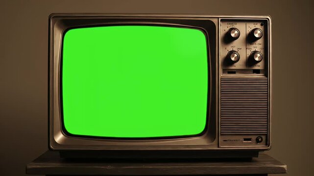 Retro 1970s television set with chroma key green screen