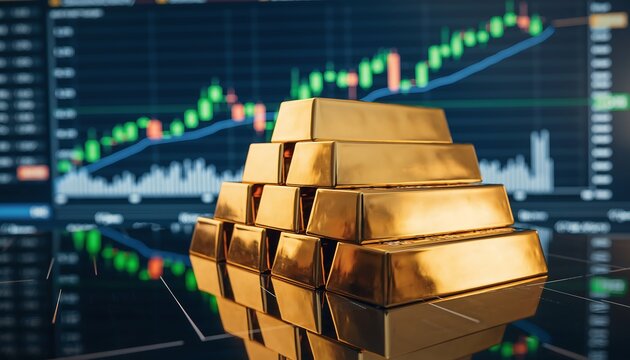 Stack of gold bars in front of stock market graph display