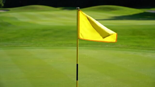 Yellow golf flag on a pole stands on a vibrant green course, sun-drenched scene