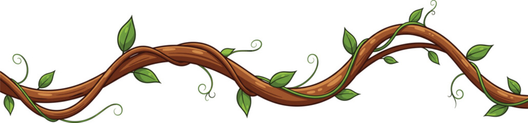 Tropical jungle vine vector illustration featuring a long winding brown branch with green leaves and curly tendrils isolated on white background for nature borders © MdGohurul