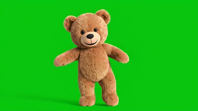 Adorable brown teddy bear mascot walking happily on green screen