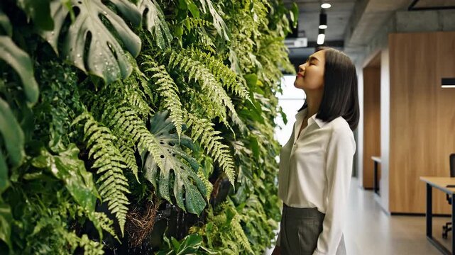 An Asian woman smiles while admiring a lush, green vertical garden wall inside an office space.