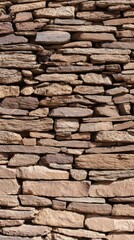 Obraz premium Rugged stone wall with irregular, warm-hued rocks stacked in horizontal courses, weathered and textured, aged