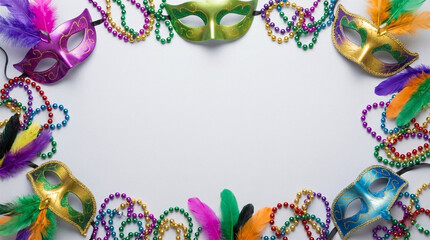 Mardi gras colorful mask and beads frame on white background for party decoration and celebration