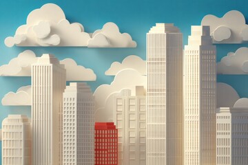 Fototapeta premium Buildings Made of Paper Arranged Against a Blue Sky With Clouds Showing Urban Environment and Architecture
