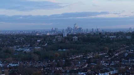 Cityscape of London, United Kingdom, showing Muswell Hill residential area and downtown skyscrapers