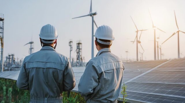 Technicians inspecting combined renewable energy systems emphasizing integration of solar wind and bioenergy solutions for green power.