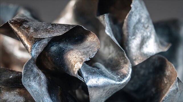 Close-up of metallic, silvery, textured material, folded and layered