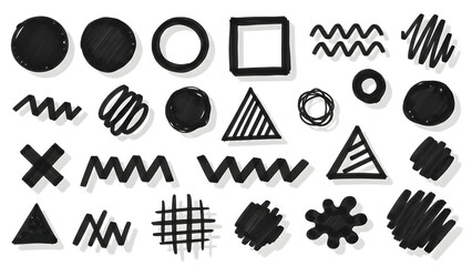 A collection of hand drawn doodle shapes including circles, triangles, and lines