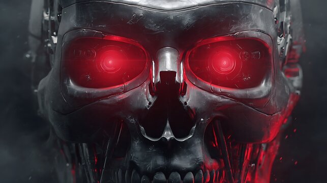 Close-up of a metallic cyborg skull with glowing red eyes. Smoke effect in background