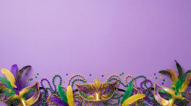 Vibrant mardi gras carnival border with purple background and colorful feathers beads and masks for festive celebrations and party