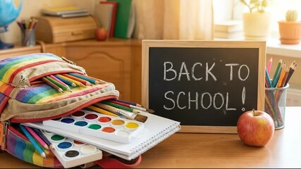 A colorful backpack overflowing with school supplies sits next to a chalkboard sign. - Powered by Adobe