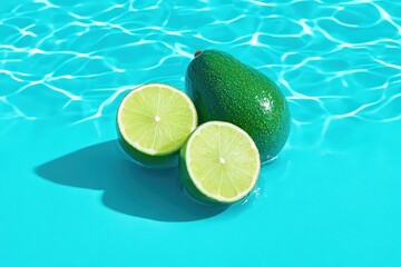 Fresh Lime Fruit Half and Whole on Bright Blue Water Surface for Refreshing Summer Concept