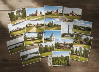 A carefully arranged set of postcards showcasing scenic rural landscapes, wooden churches, and historic monuments on a wooden table.