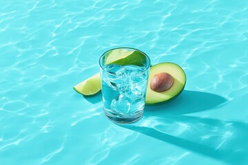Refreshing Glass of Water with Lime and Avocado Half on Bright Blue Pool Surface