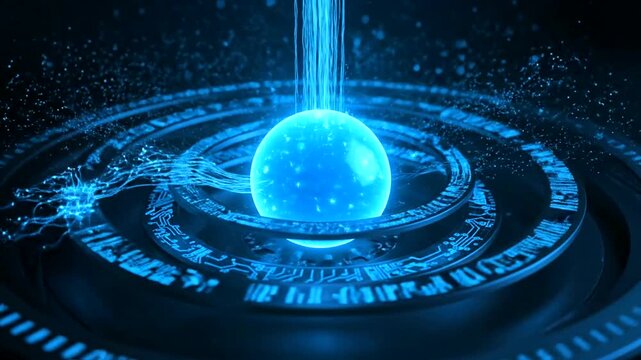 Futuristic digital sphere with binary code and neon blue light.
