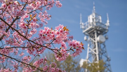 Japanese cherry blossoms in spring with a telecommunications tower. The contrast between nature and modern technology. Pink sakura flowers against a clear blue sky