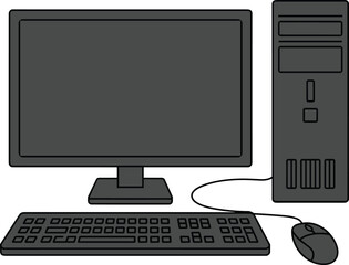 Fototapeta premium Desktop computer setup, monitor, CPU tower, keyboard, mouse, office workspace, technology equipment, personal computer, wired accessories, digital workstation, electronics