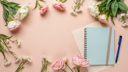 notebook with flowers and leaves, Elegant classroom elements flat lay, notebook, pen, flowers arranged around empty center space, minimal pastel background.