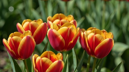 Vibrant red and yellow tulips blooming in a spring garden. Close-up of bicolored flowers against a blurred green background