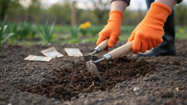 Gardener in orange gloves preparing soil with a hand cultivator. Close-up of hands tilling the earth for spring planting in a garden