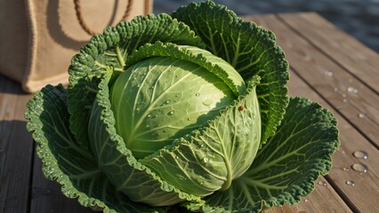 Close-up of a fresh head of cabbage with a ladybug on its dewy leaves. Organic vegetable on a rustic wooden background for healthy eating