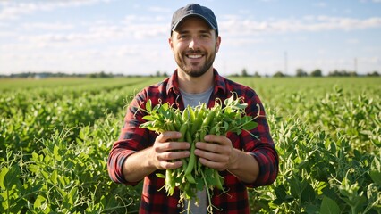 Portrait of a smiling farmer holding freshly harvested green peas. A happy man in a field showing his crop