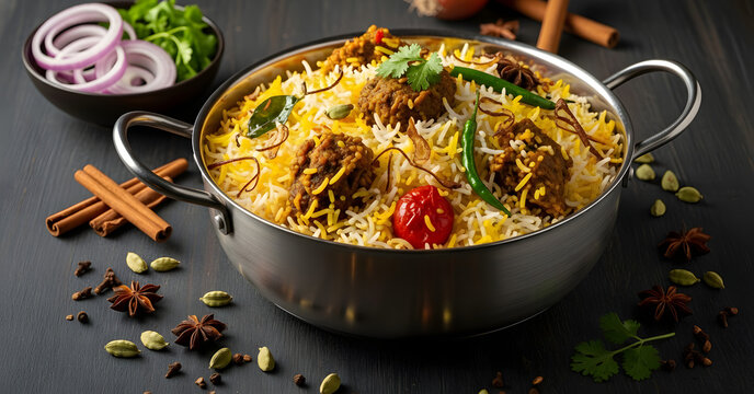 Authentic Indian Mutton Biryani Served in Traditional Steel Handi with Aromatic Spices