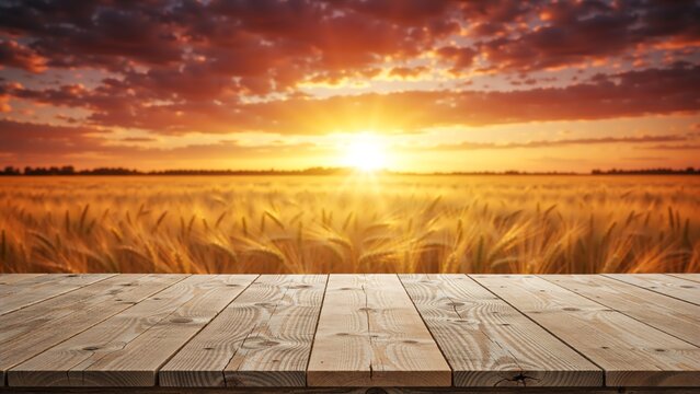 Empty wooden table with a view of a golden wheat field at sunset. Rustic tabletop for product display. Agriculture and harvest background