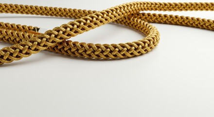 Luxurious, thick golden braided rope lying loosely coiled on a pristine white surface, highlighting texture, wealth, stability, and elegance, twisted, secure, elegant