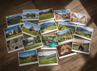 Scattered postcards showing stunning Slovenian landscapes, historic towns, lush greenery, and wildlife on a wooden surface under warm lighting.