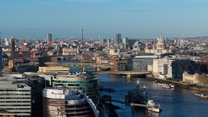 London cityscape featuring a historic cathedral, bridges, and modern buildings along the river
